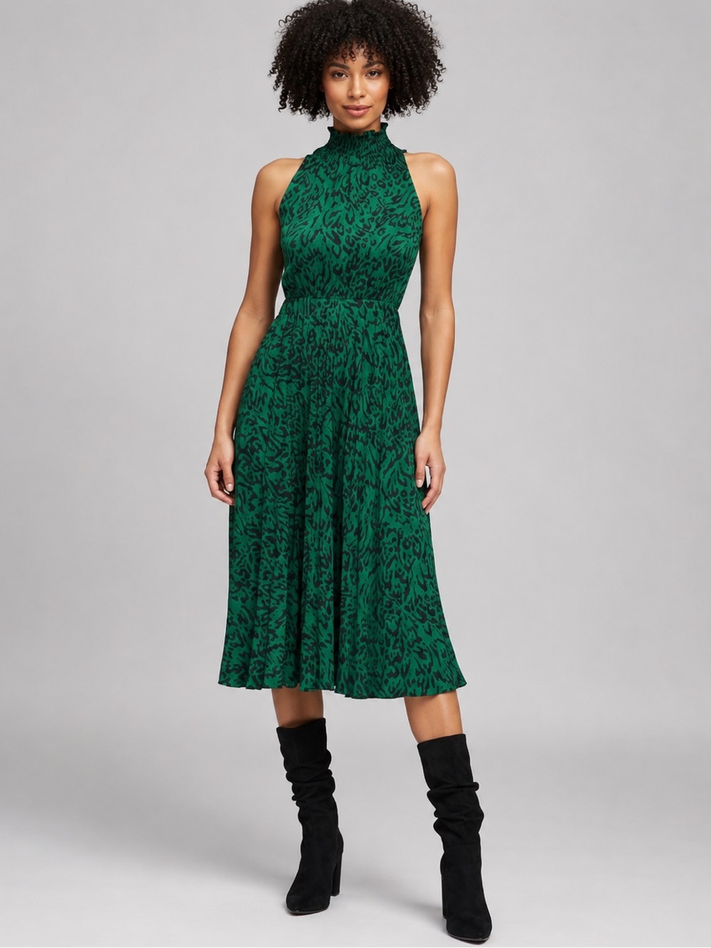 BANANA REPUBLIC | Satin Mock Neck Pleated Midi Dress in Green Leopard, Small